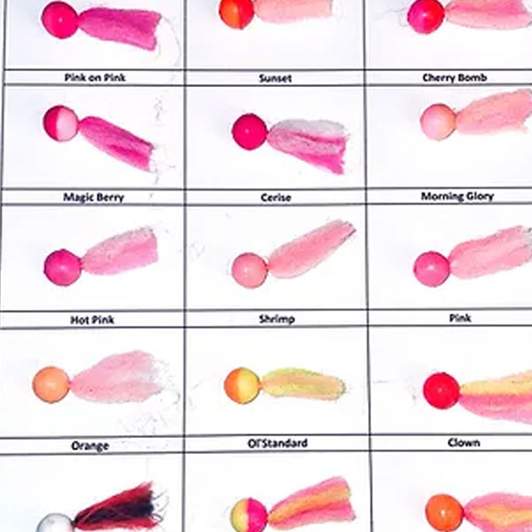 Color chart of pink and orange fishing lures