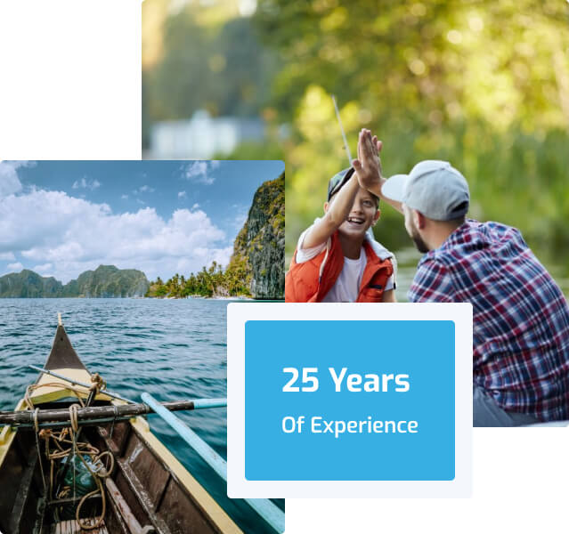Father and son fishing, boat, 25-year badge
