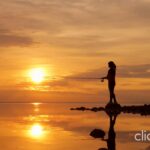 Silhouette of person fishing at sunset